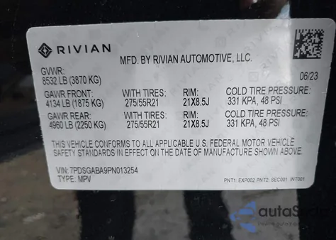 2023 Rivian R1S Adventure z USA, uszkodzony, nr VIN 7PDSGABA9PN013254